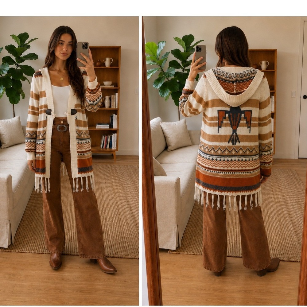 Kirra Size S Southwestern Thunderbird Fringe Cardigan Boho Western Aztec Sweater